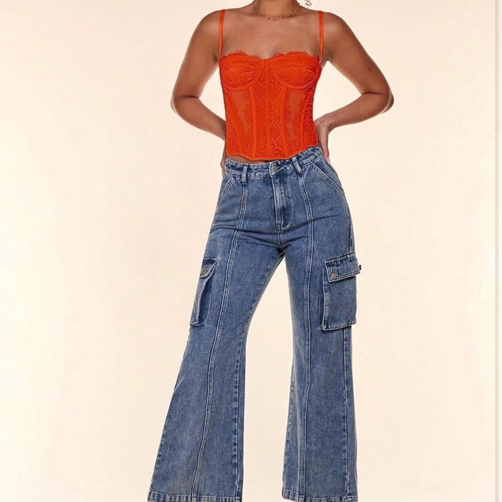 Women's Blue Wide-Leg Cargo Jeans